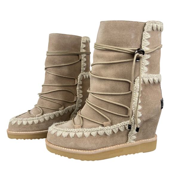 Women's MOU French Toe Eskimo Leather Shearling Lined Lace Up Wedge Boot (Sz 6) - Picture 1 of 13